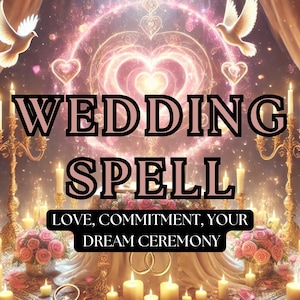 May include: An image depicting a wedding spell with doves, candles, and hearts. The text reads "Wedding Spell Love, Commitment, Your Dream Ceremony".