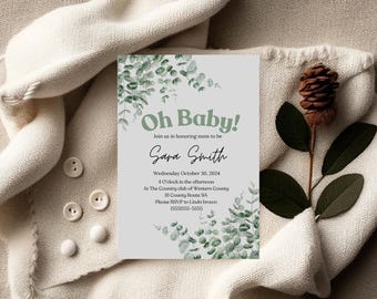 Könnte beinhalten: Eine Babyparty-Einladung mit einem grünen und weißen Blumenmuster. Die Einladung lautet "Oh Baby!" und enthält den Namen "Sara Smith", das Datum "Mittwoch, 30. Oktober 2024" und die Uhrzeit "16:00 Uhr".