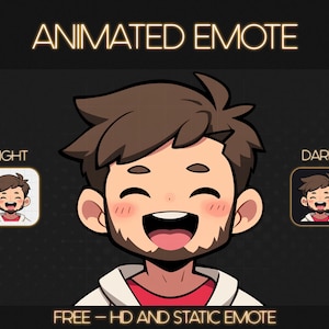 Pode incluir: Gráfico digital que promove um emote animado. A imagem principal é um personagem de desenho animado sorrindo com cabelo castanho e barba. O texto inclui "ANIMATED EMOTE" e "FREE - HD AND STATIC EMOTE". Duas versões menores são rotuladas como "LIGHT" e "DARK".