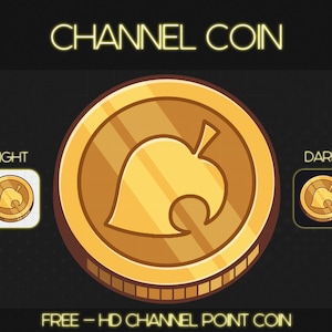 May include: A gold coin with a stylized green leaf design. The coin is labeled "CHANNEL COIN" in neon yellow text. The coin is shown in both a light and dark background.
