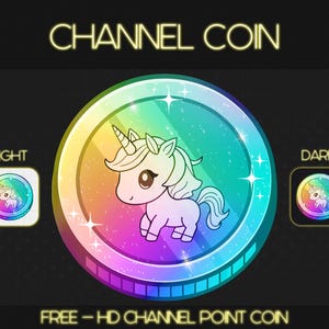 Puede incluir: Una moneda colorida con un fondo de arcoíris y un unicornio de dibujos animados en el centro. La moneda tiene las palabras "CHANNEL COIN" en texto amarillo en la parte superior y "FREE - HD CHANNEL POINT COIN" en texto amarillo en la parte inferior.