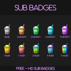 Puede incluir: Un conjunto de 10 insignias de suscriptor de Twitch con temática de té de burbujas de colores. Las insignias muestran diferentes niveles de suscripción, desde la base hasta los 5 años. El texto "SUB BADGES" está en la parte superior de la imagen y "FREE - HD SUB BADGES" está en la parte inferior.