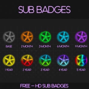 Puede incluir: Un conjunto de insignias de suscripción en forma de ruedas de coche, con el texto "SUB BADGES" en la parte superior. Las insignias son de varios colores, desde gris hasta arcoíris, y están etiquetadas con períodos de tiempo como "2 MESES" y "5 AÑOS". El texto "FREE - HD SUB BADGES" está en la parte inferior.