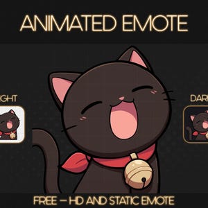 Puede incluir: Emoticono animado de gato negro con una bufanda roja y una campana dorada. El gato sonríe con la boca abierta y tiene una nariz rosa claro. El emoticono está disponible en modo claro y oscuro.