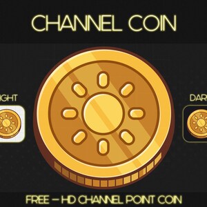 May include: A gold coin with a sun design in the center and eight rays extending out from the sun. The coin is labeled "CHANNEL COIN" in yellow text at the top of the image and "FREE - HD CHANNEL POINT COIN" in yellow text at the bottom of the image.