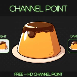 May include: A cartoon illustration of a yellow pudding with chocolate sauce on top. The pudding is on a white plate. The image is labeled "CHANNEL POINT" in green text. The image also shows a light and dark version of the pudding in square boxes labeled "LIGHT" and "DARK".