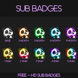 May include: A set of 10 animated panda badges for Twitch subscribers. The badges show a panda in different colours, including black and white, orange, green, blue, purple, and yellow. The badges are labelled with the length of time a subscriber has been subscribed, including Base, 2 Month, 3 Month, 6 Month, 9 Month, 1 Year, 2 Year, 3 Year, 4 Year, and 5 Year.