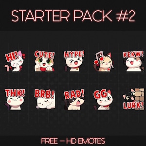 Puede incluir: Un conjunto de 10 emojis de gato digitales con diferentes expresiones y texto, incluyendo "HI!" "CUTE!" "HYPE!" "THK!" "BRB!" "BAD!" "GG" "KEKW!" "LURK!" y una nota musical. Los emojis están en una disposición de cuadrícula sobre un fondo negro con texto rojo. El texto "STARTER PACK #2" está en la parte superior de la imagen. El texto "FREE - HD EMOTES" está en la parte inferior de la imagen.
