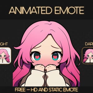 Puede incluir: Emoticono animado de un personaje de anime de pelo rosa con las mejillas sonrojadas y corazones en los ojos. El emoticono está disponible en versiones clara y oscura. GRATIS - Emoticono HD y estático.