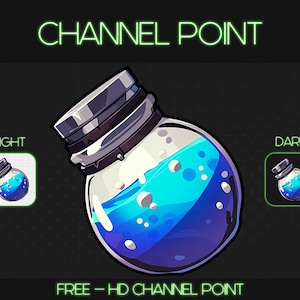 May include: A blue and purple potion bottle with a silver lid and a white label that says "FREE - HD CHANNEL POINT".