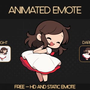 Könnte beinhalten: Grafik für einen animierten Emote, die eine Cartoonfigur mit braunen Haaren und einem weißen Kleid mit rotem Saum zeigt. Der Text "ANIMATED EMOTE" ist zu sehen, mit "LIGHT" und "DARK" Versionen des Emotes.