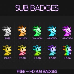 Puede incluir: Un conjunto de 10 insignias de suscripción de dibujos animados de cabra coloridos para Twitch o YouTube. Las insignias muestran una cabra con pelaje y cuernos de diferentes colores, que representan diferentes niveles de suscripción. Los niveles son: Base, 2 meses, 3 meses, 6 meses, 9 meses, 1 año, 2 años, 3 años, 4 años y 5 años.