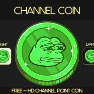 May include: A green coin with a cartoon frog face on it. The coin has a gold rim and sparkles around it. The text "CHANNEL COIN" is at the top of the image. The text "FREE - HD CHANNEL POINT COIN" is at the bottom of the image.