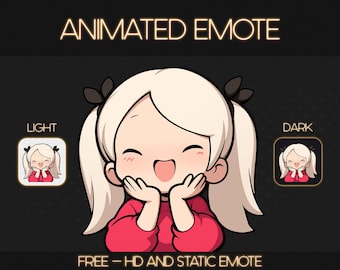 May include: Animated emote of a girl with blonde hair and red shirt, smiling with her hands on her cheeks. The emote is available in light and dark versions. "FREE - HD AND STATIC EMOTE" text is at the bottom.