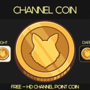 May include: A gold coin with a stylized fox head design. The coin is labeled "CHANNEL COIN" in neon yellow text. The coin is shown in both a light and dark mode.