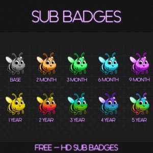 Peut inclure: Un ensemble de 10 badges d'abonné Twitch sur le thème des abeilles, avec des couleurs et des designs différents pour chaque niveau d'abonnement. Les badges montrent une abeille de dessin animé avec des ailes et des corps de différentes couleurs, représentant différentes durées d'abonnement. Les badges sont étiquetés avec le niveau d'abonnement, tels que "Base", "2 mois", "3 mois", "6 mois", "9 mois", "1 an", "2 ans", "3 ans", "4 ans" et "5 ans". Le texte "FREE - HD SUB BADGES" est en bas de l'image.