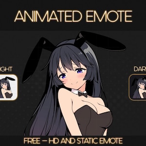 May include: Animated emote featuring a cartoon character with long black hair, wearing a black bunny costume and a white bow tie. The character has blue eyes and a pink blush. The emote is available in both light and dark versions. "FREE - HD AND STATIC EMOTE" text is displayed at the bottom.