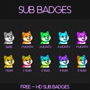 Puede incluir: Un conjunto de 10 insignias de perro animadas de colores para los suscriptores de Twitch. Las insignias muestran diferentes niveles de suscripción, desde la base hasta los 5 años. El texto "SUB BADGES" y "FREE - HD SUB BADGES" se muestra en la parte superior e inferior de la imagen.