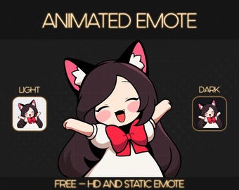 May include: Animated emote of a cartoon cat girl with long black hair, wearing a white dress with a red bow, and cat ears. The emote is shown in both light and dark mode.