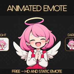May include: Animated emote of a pink-haired angel with a halo, wearing a red dress and white wings, with a light and dark background option. The text "FREE - HD AND STATIC EMOTE" is at the bottom of the image.