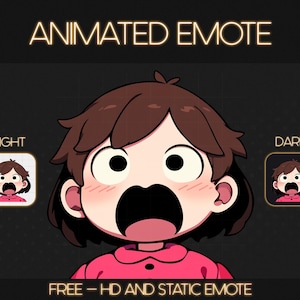 Peut inclure: Émoticône animée d'un personnage de dessin animé avec des cheveux bruns et une chemise rose, avec une expression surprise, avec le texte "ANIMATED EMOTE" en haut et "FREE - HD AND STATIC EMOTE" en bas, avec les mots "LIGHT" et "DARK" de chaque côté du personnage.