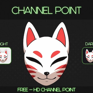 Peut inclure: Un masque de renard blanc avec des accents rouges et des yeux noirs. Le masque est affiché en mode clair et foncé. Le texte "CHANNEL POINT" est en haut de l'image et "FREE - HD CHANNEL POINT" est en bas.