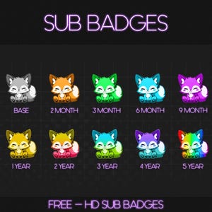 May include: A set of nine animated fox badges for Twitch subscribers. The badges are in different colors, including gray, orange, green, blue, purple, yellow, pink, turquoise, and rainbow. The badges show a cute fox with a smiling face. The text below the badges indicates the subscription length, including base, 2 month, 3 month, 6 month, 9 month, 1 year, 2 year, 3 year, 4 year, and 5 year.