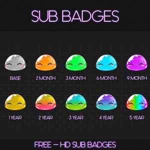 Puede incluir: Un conjunto de 10 insignias de suscriptor de Twitch animadas que presentan un personaje lindo y sonriente con forma de blob en varios colores. Las insignias están etiquetadas con la duración de la suscripción, que incluye Base, 2 meses, 3 meses, 6 meses, 9 meses, 1 año, 2 años, 3 años, 4 años y 5 años.