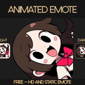 May include: Animated emote featuring a cartoon girl with brown hair, wearing a white shirt with a red bow tie. The girl has large eyes, a wide smile, and her tongue is sticking out. The emote is available in light and dark versions. "FREE - HD AND STATIC EMOTE" text is displayed at the bottom.