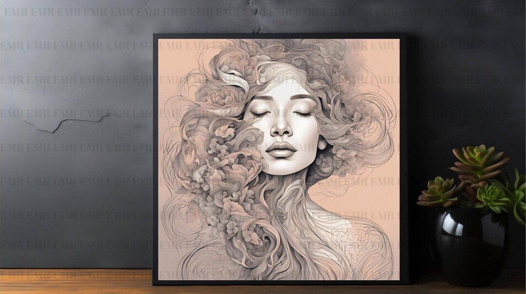 Digital Art Print Woman Face Line Art Floral Hair Poster, Boho Neutral ...