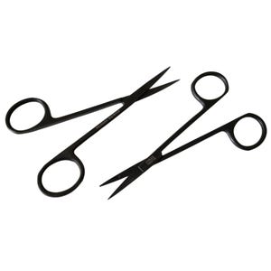 May include: Two black surgical scissors with rounded finger holes. One pair has a straight blade, and the other has a curved blade. The scissors are made of stainless steel and are designed for precision cutting.