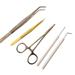 May include: An assortment of surgical tools, including tweezers, forceps, and probes, are arranged against a white background. The tools are made of metal and have various shapes and sizes, with some featuring textured handles and curved tips.