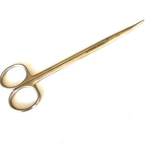 May include: A pair of stainless steel surgical scissors with two finger loops and long, slender, pointed blades. The metal surface is smooth and silver-toned. The text Germany Stainless CE is engraved on the side of the blade near the hinge.