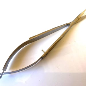 May include: A pair of silver surgical scissors with a curved handle. The scissors have a serrated edge and a small hook on the handle.