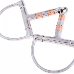 May include: A stainless steel D-ring horse bit with copper accents. The bit features a D-shaped ring on each side, connected by a central mouthpiece with copper-colored stripes. The design is for equestrian use.