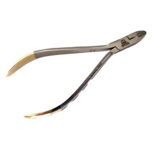 Könnte beinhalten: Eine Drahtschneidezange aus Edelstahl mit metallisch silbernem Finish und goldfarbenen Akzenten an den Griffenden. Das Werkzeug verfügt über einen konischen Schneidkopf und einen strukturierten Griffbereich, mit dem Schriftzug MedTech an der Seite.