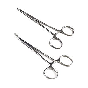 May include: Two stainless steel hemostats, one straight and one curved, with locking mechanisms.