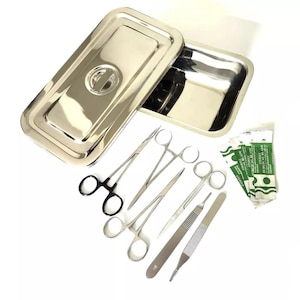 May include: A stainless steel surgical instrument set, including scissors, forceps, and scalpels, arranged near a rectangular tray with a lid. Several individually wrapped sterile surgical blades are also present.