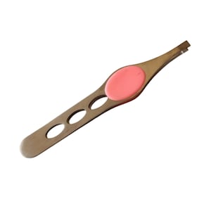Bent Nose Knotting Tweezers, Stainless Steel, Plastic Finger Rest, Pink