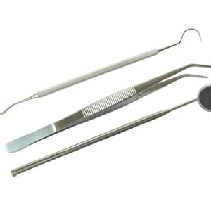 May include: A set of dental tools on a white background. The set includes a dental mirror, tweezers, and two different dental probes. The tools are made of shiny, silver-coloured metal.