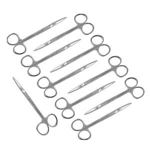 May include: An overhead view of multiple pairs of surgical scissors. The scissors are made of shiny, silver-coloured metal. Each pair has finger loops at one end and pointed blades at the other. The blades are closed.