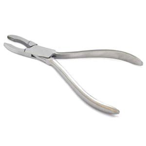 May include: A pair of silver-colored pliers with curved handles and a flat, notched head. The tool is designed for gripping and bending materials. The pliers are made of a shiny, metallic material and are set against a white background.