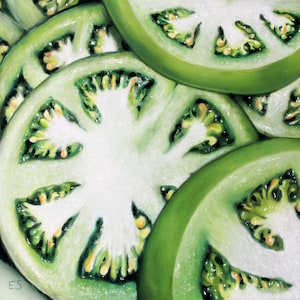 Green Tomato Slices Art Print: Farmhouse Kitchen Decor