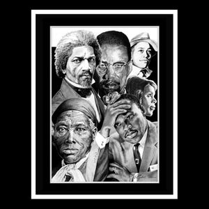 May include: Black and white portrait of six prominent African American figures. The figures are arranged in a collage style, with each person's face prominently displayed. The figures include Frederick Douglass, Martin Luther King Jr., Malcolm X, Harriet Tubman, and two other unidentified figures.