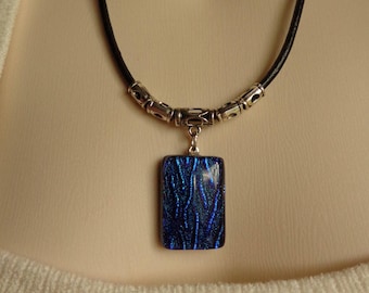 Blue Glass Pendant on Black Leather