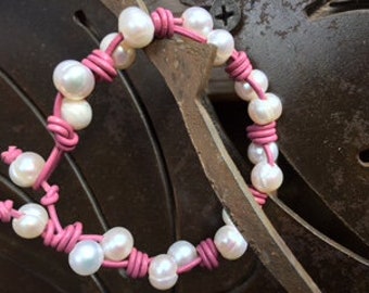 Pink Leather and Pearl Bracelet