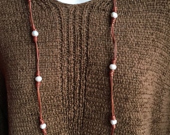 Copper Leather and Pearl Necklace