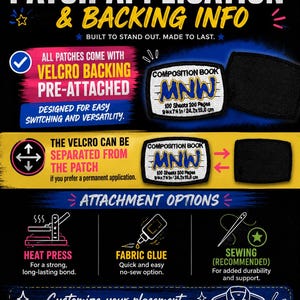 May include: Informational graphic about patch application and backing. Features text: "All patches come with Velcro backing pre-attached." Includes options for heat press, fabric glue, and sewing. Also shows a patch with the text "MNW" and dimensions of 9x7 in / 24.7x19.0 cm.