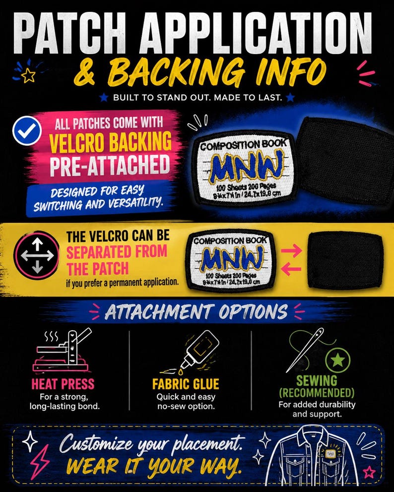 May include: Informational graphic about patch application and backing. Features text: "All patches come with Velcro backing pre-attached." Includes options for heat press, fabric glue, and sewing. Also shows a patch with the text "MNW" and dimensions of 9x7 in / 24.7x19.0 cm.