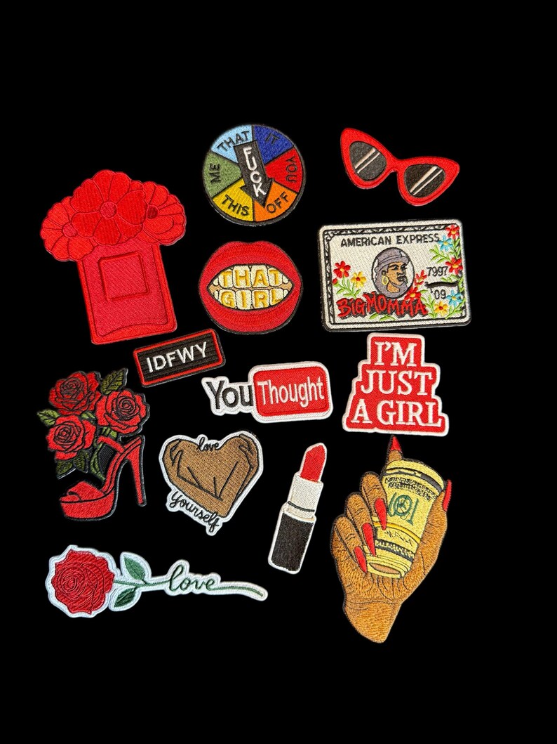 May include: A collection of embroidered patches with various designs. Includes a red lipstick, a high-heeled shoe with roses, a heart with the words "love yourself", and a patch that says "I'm just a girl".